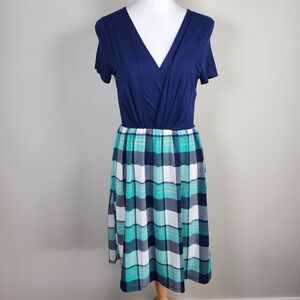 ModCloth Gilli Dress Womens Small Turquoise Plaid Stretch Comfort Party Office